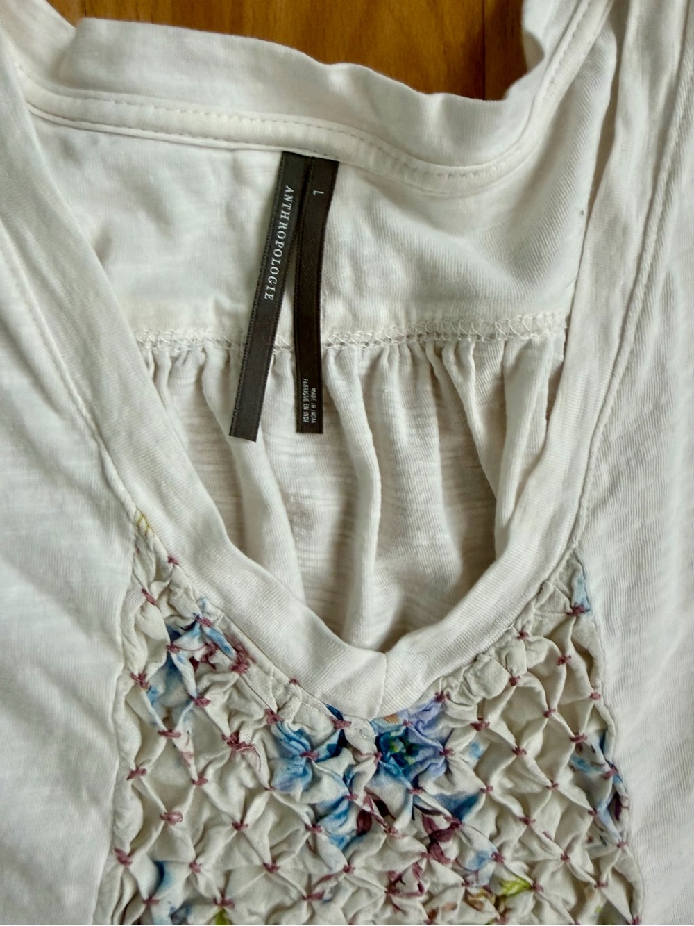Anthropologie White Floral Smocked V-Neck Top - Picture 3 of 4